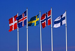 Flags of the Nordic countries from left to right: Denmark, Iceland, Sweden, Norway and Finland.