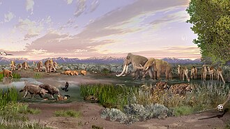 Environment of what is now White Sands National Park in New Mexico, with Columbian mammoths, a ground sloth, dire wolves, lions, camels, and saber-toothed cats.