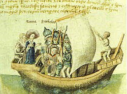 Scota (left) with Goídel Glas voyaging from Egypt, as depicted in a 15th-century manuscript of the Scotichronicon of Walter Bower; in this version Scota and Goídel Glas (Latinized as Gaythelos) are wife and husband.