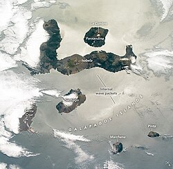 A photograph of the Galápagos Islands from the International Space Station in October 2020. North is to the right. The sunglint reveals features usually difficult to spot, including the crater lake in the caldera of La Cumbre, the shield volcano that formed Fernandina Island. More details via click-through.