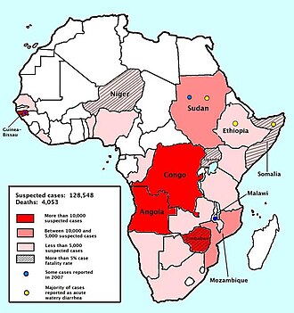 Map of the 2008–2009 cholera outbreak in sub-Saharan Africa showing the statistics as of 12 February 2009