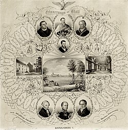 The 300th anniversary of the University of Königsberg. Includes an interior view of the auditorium maximum, c. 1844