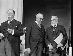Harding (center) with Chief Justice Taft (left) and Robert Todd Lincoln at the dedication of the Lincoln Memorial, May 30, 1922