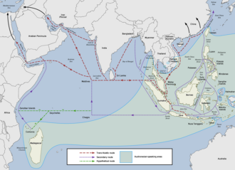 Austronesian proto-historic and historic (Maritime Silk Road) maritime trade network in Southeast Asia and the Indian Ocean[35]