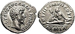 Coin issued during the reign of Roman emperor Lucius Verus (161–169) to celebrate his victory against Vologases IV of Parthia. The reverse shows the mourning personification of Armenia.