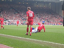 Steven Gerrard of Liverpool wearing 08 in the Merseyside derby in March 2006, to commemorate the City of Liverpool becoming the 2008 European Capital of Culture.