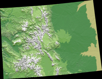 A digital elevation model relief map of Colorado