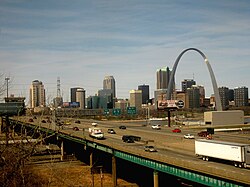 Interstate 64 crosses the Mississippi in downtown St. Louis.