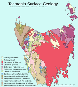 Map showing the general geological surface features of Tasmania. Note the extent of dolerite, and the mosaics in the west.