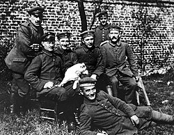 Hitler (far right, seated) with Bavarian Army comrades from the Bavarian Reserve Infantry Regiment 16 (c. 1914–18)