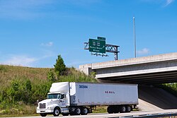 A contractor-operated U.S. Mail semi-truck in Knightdale, North Carolina