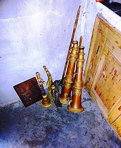 Tibetan trumpets stored at Tagthok Monastery, Ladakh