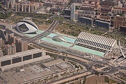 The Ciutat de les Arts i les Ciències complex designed by Valencian architect Santiago Calatrava and Madrilenian architect Félix Candela