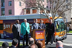 Los Angeles Mayor Eric Garcetti announcing the launch of Metro express route 501 in 2016.