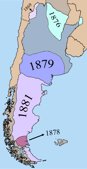 In grey, the territory of Argentina before Roca's presidency.