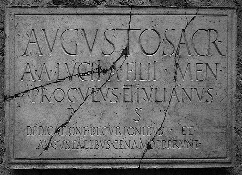 The apices in this first-century inscription are very light. (There is one over the ó in the first line.) The vowel I is written taller rather than taking an apex. The interpuncts are comma-shaped, an elaboration of a more typical triangular shape. From the shrine of the Augustales at Herculaneum.