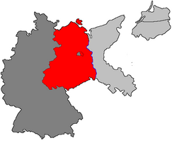On the basis of the Potsdam Conference, the Allies jointly occupied Germany west of the Oder–Neisse line. This territory later became two independent countries.Light grey: territories annexed by Poland and the Soviet Union.Dark grey: West Germany (formed from the US, UK, and French occupation zones, including West Berlin).Red: East Germany (formed from the Soviet occupation zone, including East Berlin).