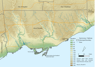Topographical map of Toronto. The terrain elevation increases steadily away from the shoreline.