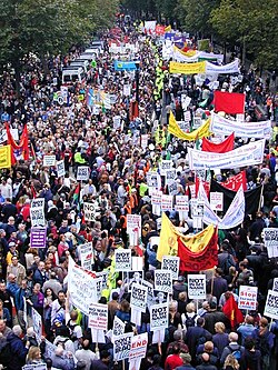 Anti-war protest in London, September 2002. Organized by the British Stop the War Coalition, up to 400,000 took part in the protest.[133]