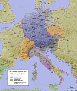The Holy Roman Empire in 972 (red line) and 1035 (red dots) with the Kingdom of Germany, including Lotharingia, marked in blue