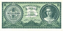 1 milliard b.-pengő (1 sextillion pengő) banknote, printed but never issued