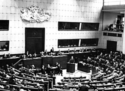 Session of the Parliamentary Assembly of the Council of Europe in the former House of Europe in Strasbourg, France in January 1967. Willy Brandt, West German minister for Foreign Affairs, is speaking.