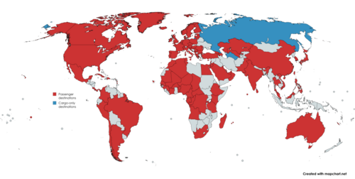 Red for passenger destinations, blue for cargo-only destinations. Please note that cargo flights to Russia is currently suspended.