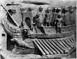 A Roman naval bireme depicted in a relief from the Temple of Fortuna Primigenia in Praeneste (Palastrina), [156] which was built c. 120 BC;[157] exhibited in the Pius-Clementine Museum (Museo Pio-Clementino) in the Vatican Museums.