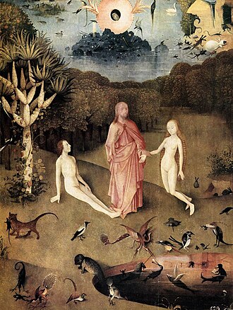 Detail from the left hand panel, showing the pre-incarnate Christ blessing Eve before she is presented to Adam[16]