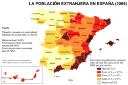 Distribution of the foreign population in Spain in 2005 by percentage