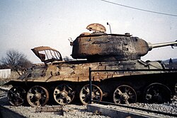 A destroyed T-34-85 tank in Karlovac, Croatian War of Independence, 1992