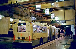 A dual-mode bus operating as a trolleybus in the Downtown Seattle Transit Tunnel in 1990