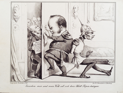 Caricature in the Satyrische Zeitbilder No. 28 of 1848 showing King Frederick William IV and Marshal Friedrich von Wrangel, commander-in-chief of the Prussian army, trying to close the door on delegates carrying the Constitution. The caption reads, "No sheet of paper shall come between me and my people."