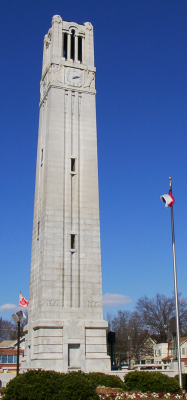 Completed in 1937, the Memorial Belltower was built to honor thirty-four NC State alumni who died in World War I. It stands 115 ft (35 m) tall.