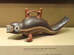 Vessel in form of orca, Nazca culture, circa 200 AD. American Museum of Natural History collections.