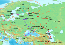 Map of the historical trade route (shown in purple) connecting Uppsala with Constantinople via Cherson. The major centres of Kievan Rus' – Kyiv itself, Novgorod and Ladoga – arose along this route.