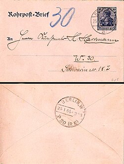 Pneumatic tube letter from Berlin, Germany, 1904