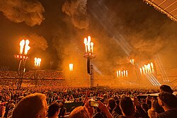 Rammstein performs during a pouring rain at Estadi Olímpic, Barcelona Spain, June 11, 2024