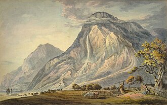 The geologic folding seen at the Arpenaz waterfall, shown here in a mid-18th-century drawing, was noted by 18th-century geologists.[57]