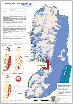 Area C, controlled by Israel under Oslo Accords, in blue and red, in December 2011