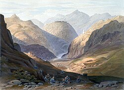 The Khyber Pass with the fortress of Ali Masjid in 1848