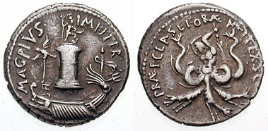 A coin issued by Sextus Pompey, Octavian's rival, depicting a ship and a statue of Neptune on the obverse and the monster Scylla on the reverse