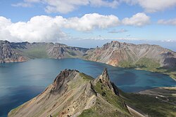 A mountaintop lake surrounded by sharp peaks