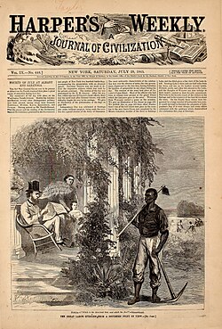 Harper's Weekly cover of July 29, 1865; the text in the planter's speech balloon reads "My boy, we've toiled and taken care of you long enough. Now you've got to work!"