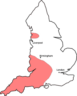 Red areas are where English dialects of the late 20th century were rhotic.[13]