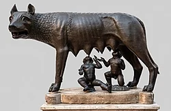 The Capitoline Wolf sculpture in the Capitoline Museums. According to legend, Rome was founded in 753 BC by Romulus and Remus, who were raised by a she-wolf.