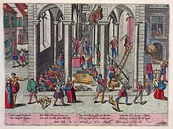 Frans Hogenberg, The Calvinist Iconoclastic Riot of August 20, 1566, in Antwerp, the key moment of the Beeldenstorm in 1566, when paintings and church decorations and fittings were destroyed in several weeks of a violent iconoclastic outbreak in the Low Countries. Several similar episodes occurred during the early Reformation period.