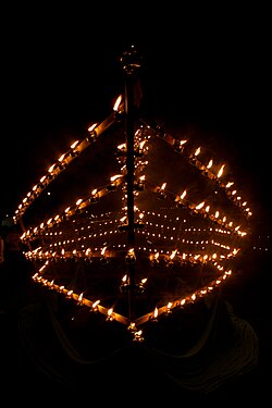 Rows of Pelita (oil lamps) lighted during Malam Tujuh Likur (the 27th night of Ramadhan), the oil lamps are traditionally used to illuminate homes and the streets during the Ramadhan. Seen here in Muar, Johor, Malaysia.