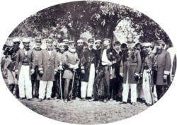 The Count of Eu (with his hand on his waist) with the Viscount of Rio Branco (to the Count's left, in light trousers) among Brazilian officers. The Viscount of Rio Branco represented the Triple Alliance in forming the provisional government of Paraguay