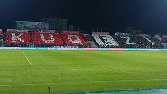 A choreography of Tifozat Kuq e Zi in the national team's first match at Elbasan Arena against Denmark in October 2014